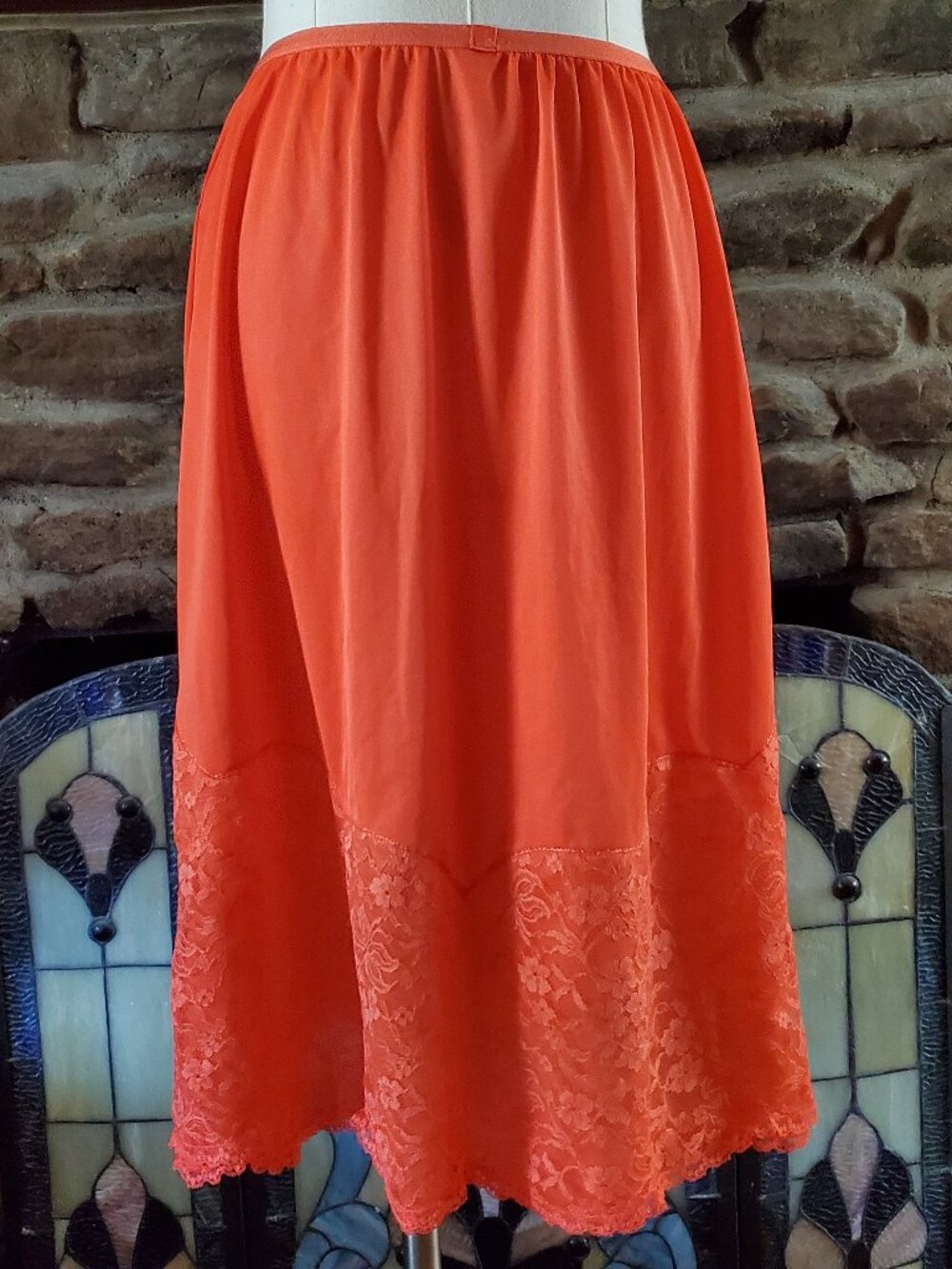 60's Vintage Vanity Fair Orange Tricot Nylon Lace Retro Half Slip Large Pinholes